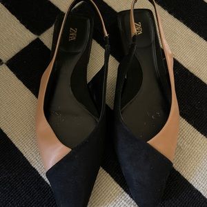 Zara Pointed flat leather and suede slingbacks